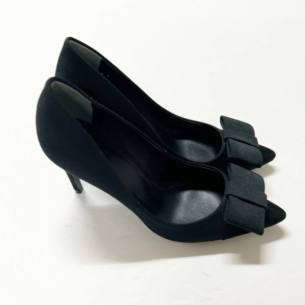 Tory Burch Aria Black Grosgrain Bow Suede Leather Pointed Toe Stiletto Heel 7M